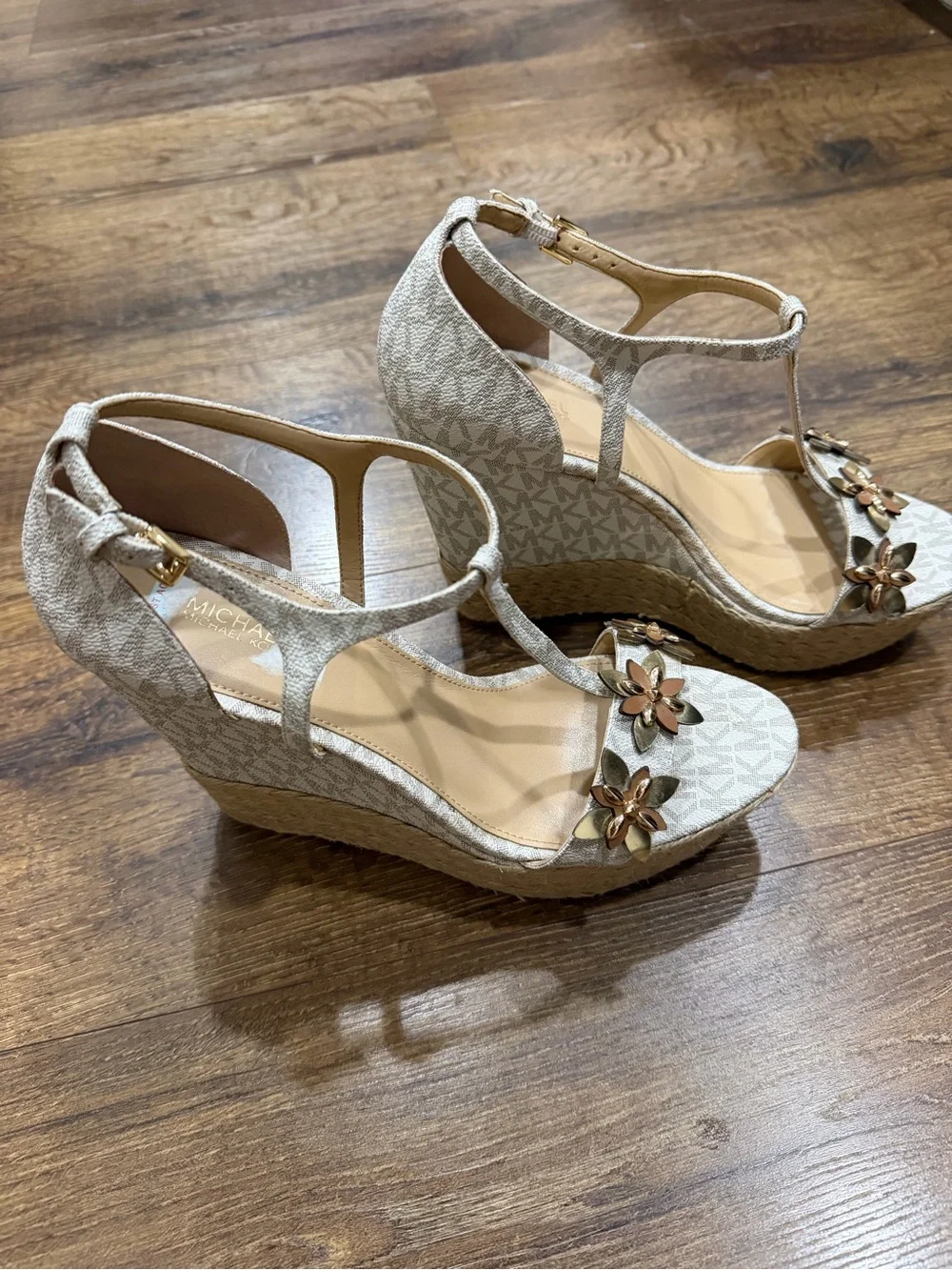 Michael Kors Beige Logo T-Strap Wedge heels - Size 9.5